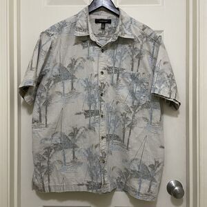 Croft & Barrow Hawaiian Shirt Button Up Palm Tree Sailboat Beige Cotton Mens XL